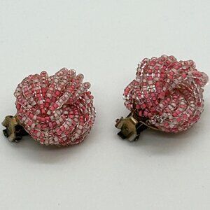 Vintage Pink Beaded Clip-On Earrings Seed Bead Knot Design Mid-Century 1960s